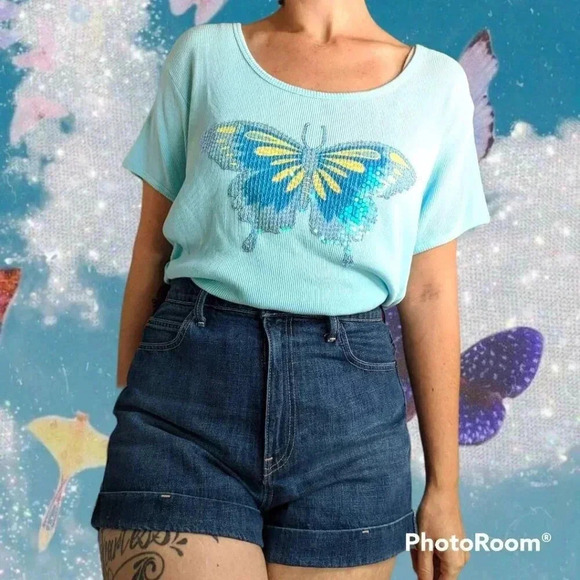 Vintage Curve Woman Blue Ribbed Sequin Butterfly Tee 2X - Picture 1 of 11